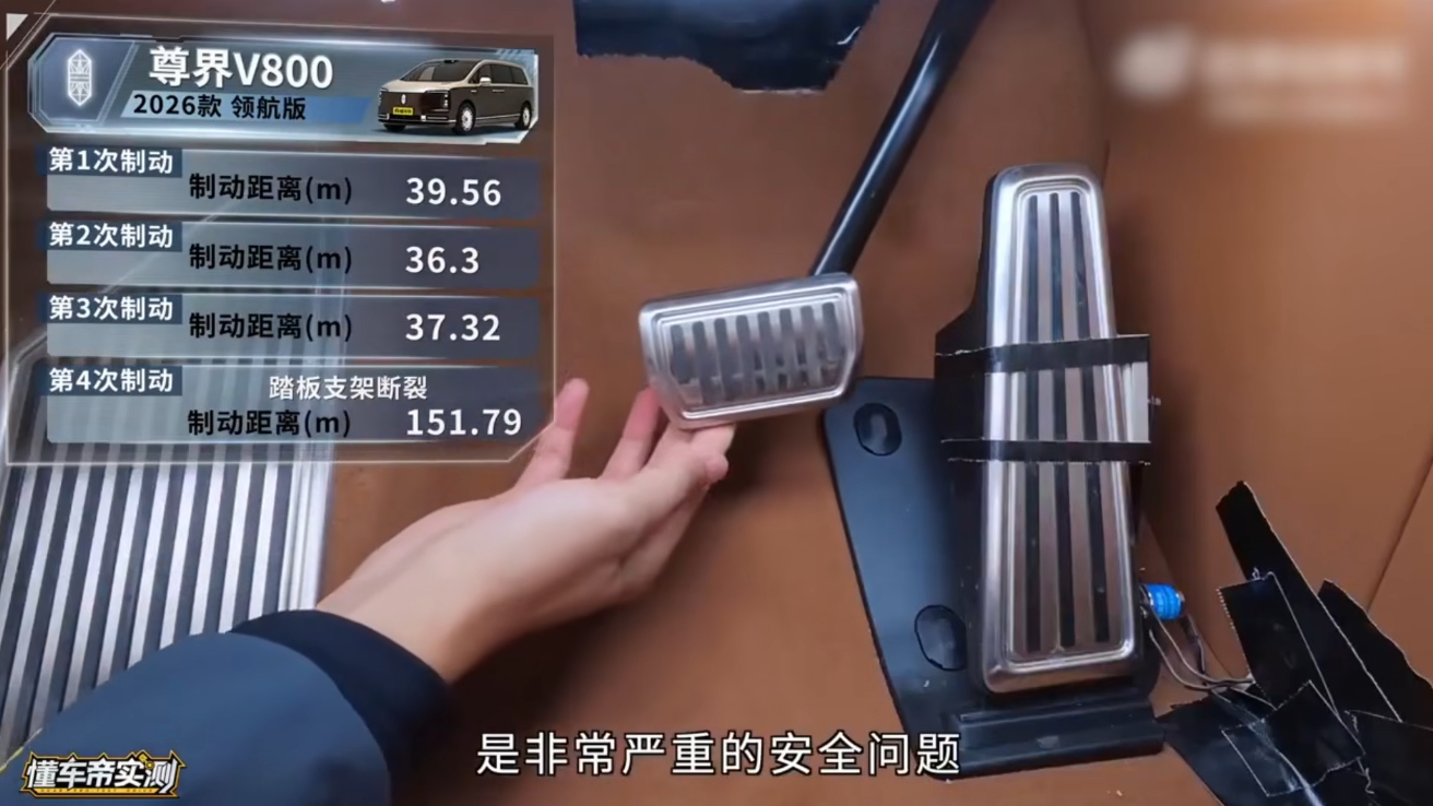 媒體查證尊界V800煞車踏板送驗的結果確實，但僅代表對「送驗車輛」負責。（圖／翻攝自不廢話YT)