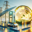 EV charge station, solar panels, AI, digital transformation, electric poles, sustainability earth 3D glass icons, white background, yellow-orange color palettes, hyper-realistic rendering.