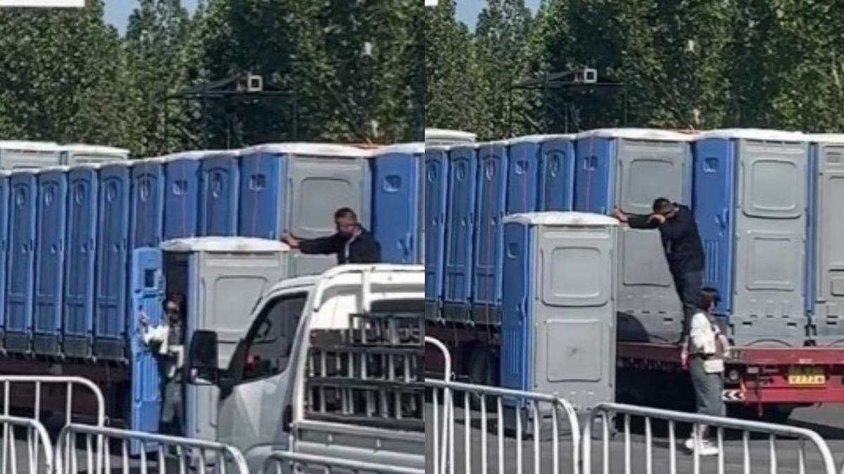 陸女上流動廁所竟被「連人帶廁」載上高速公路！到目的淡定離開工人傻眼