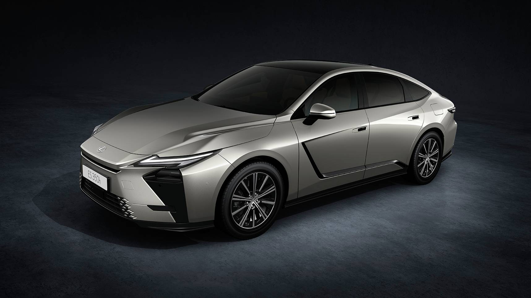 A sleek, silver Lexus ES350h hybrid sedan is showcased against a dark background, reflecting a focus on hybrid vehicle design and global supply chain strategies involving Toyota and Japanese manufacturing.